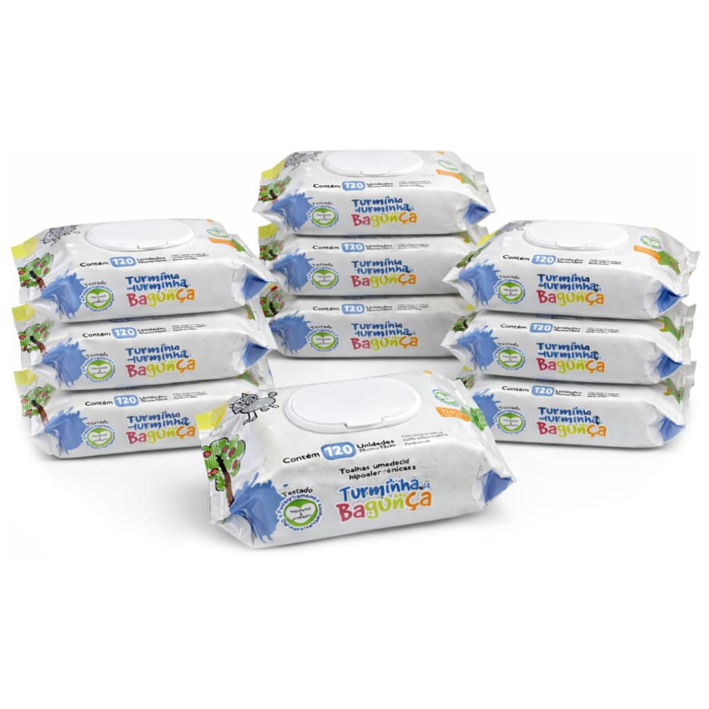 Kit 10 Lenços Umedecido Infantil Com Tampa Flip Top 120 Folhas - Limpeza Suave Pele Sensível Bebê - Turminha da Bagunça