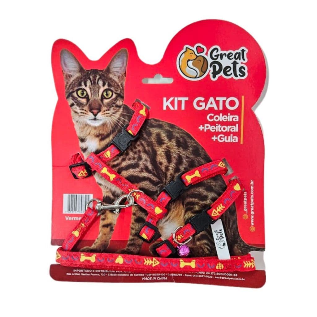 Kit Peitoral + Coleira + Guia Para Gatos Great Pets Cor Vermelho Viariados Tamanho Da Coleira Único