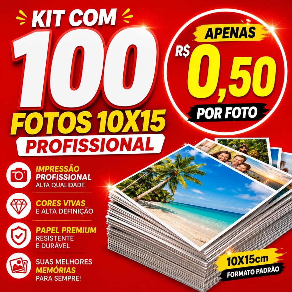 Kit 100 Fotos 10x15 Tamanho Padrão Impressão Revelação - Tipo Papel: Fotográfico Brilho