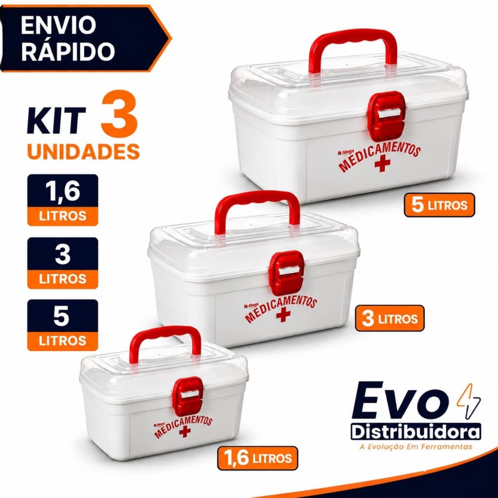 Kit 03 Caixa Organizadora Primeiros Socorros Grande Com Maleta Remédio Multiuso Com Trava Lateral