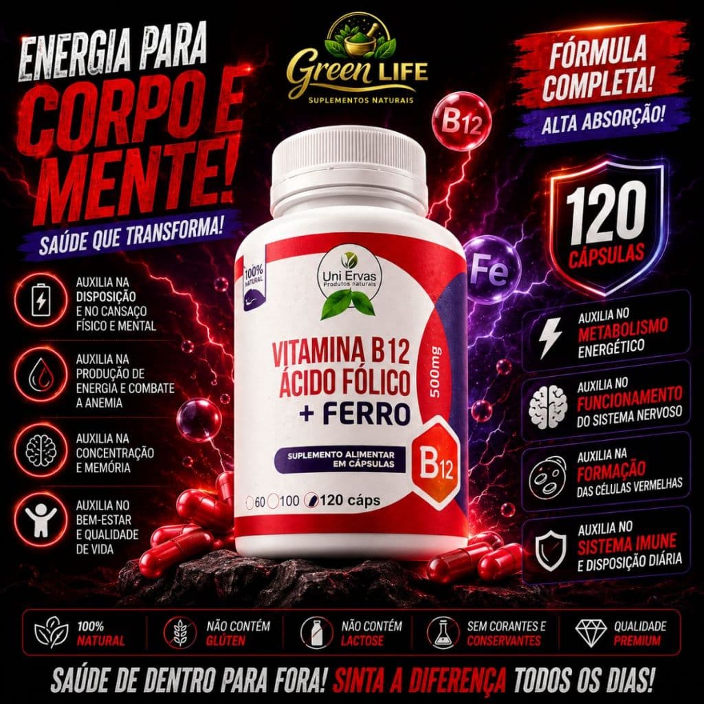 SUPLEMENTO VITAMINA B12 ÁCIDO FÓLIC0 + FERR0 -100% PURO - 120 CÁPSULAS 500MG