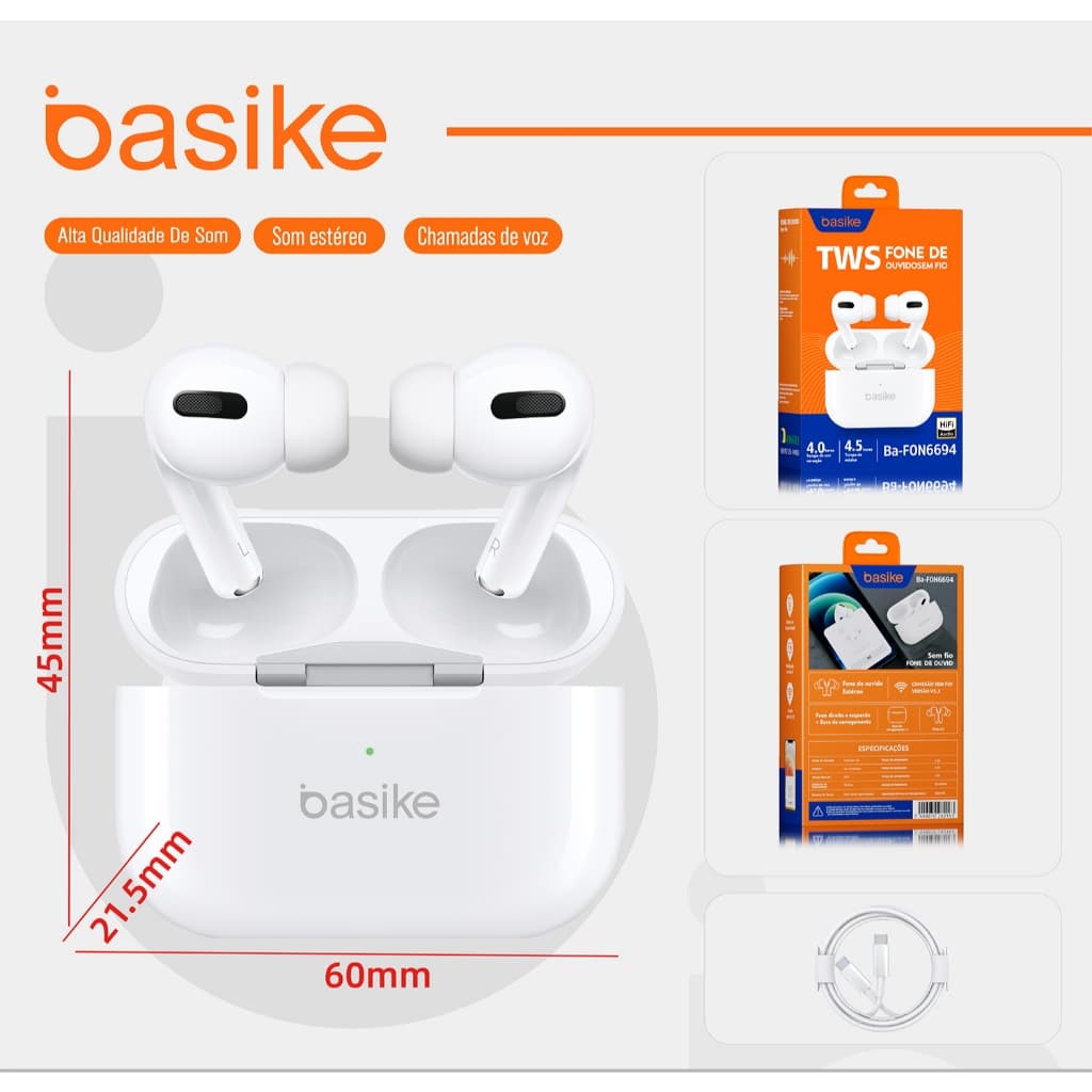 BASIKE Fone de Ouvido Sem Fio TWS Bluetooth 6.0 Conexão Rápida Som Estéreo Alta Qualidade Chamada Bateria Longa