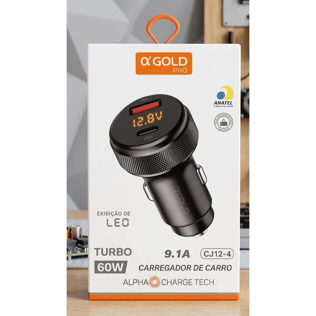 Carregador Veícular Turbo 60W PD + USB-C - Compatível Com Android e iPhone