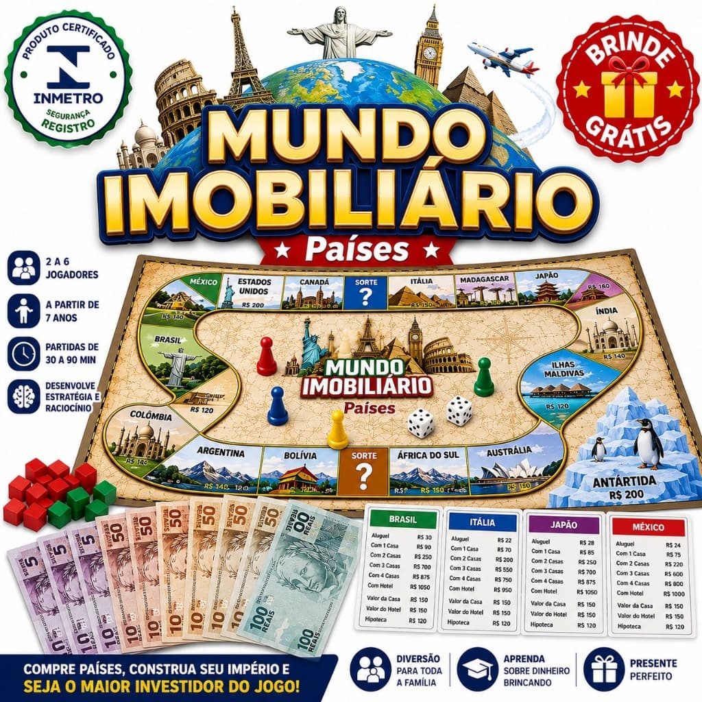 Jogo de Tabuleiro Banco Imobiliário Mundo Imobiliário Educativo Infantil Família 2 a 4 Jogadores