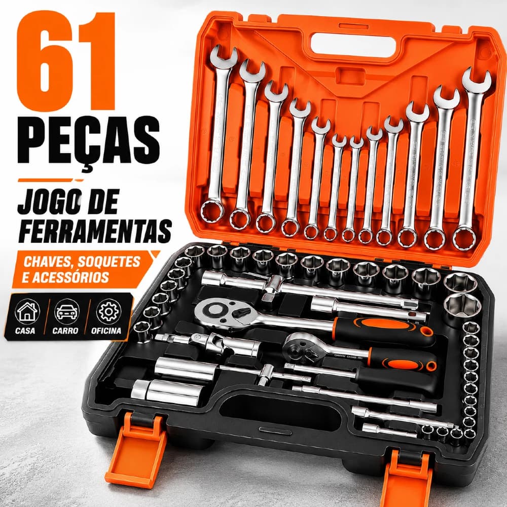 Kit 61 Peças Jogo de Soquetes com Catraca - Profissional Inclui Chaves Combinadas