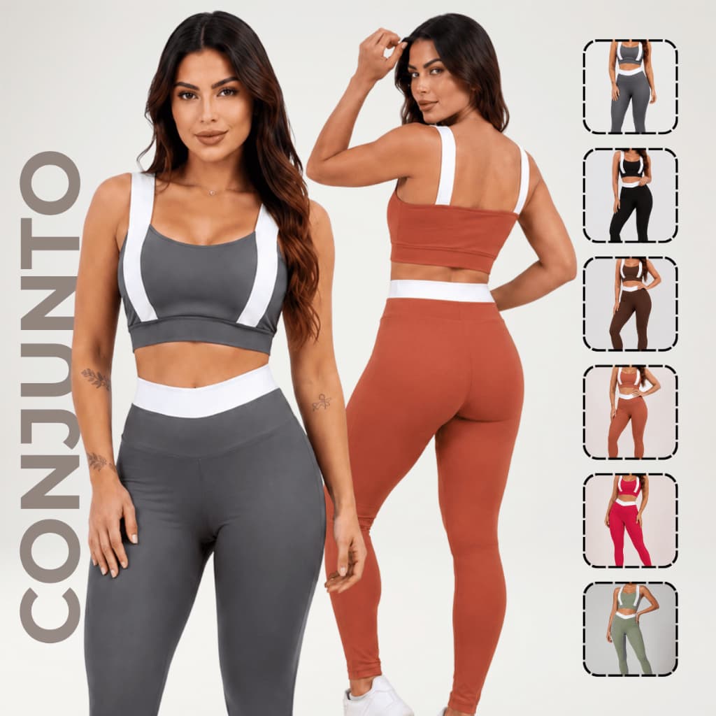 Roupa Academia Conjunto Fitness feminina Bicolor Top com Bojo e Calça Legging Cintura Alta Suplex Power