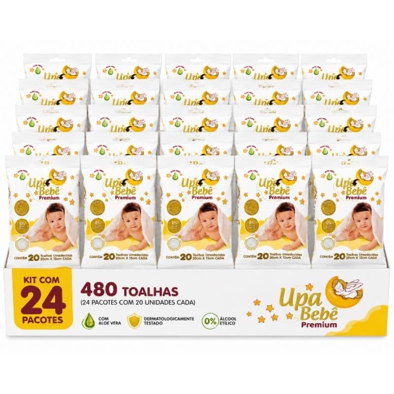 Kit 24 Pacotes Lenços Umedecidos Upa Bebê Premium 20 Cada |Aloe Vera |0% Álcool Etílico |Toalhas Umedecidas para Bebê