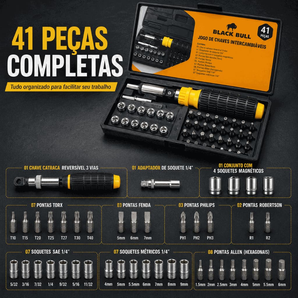 Jogo Chaves Intercambiáveis 41 Peças Catraca Reversível Portátil Soquetes Bits Reparo Rápido Alta Precisão
