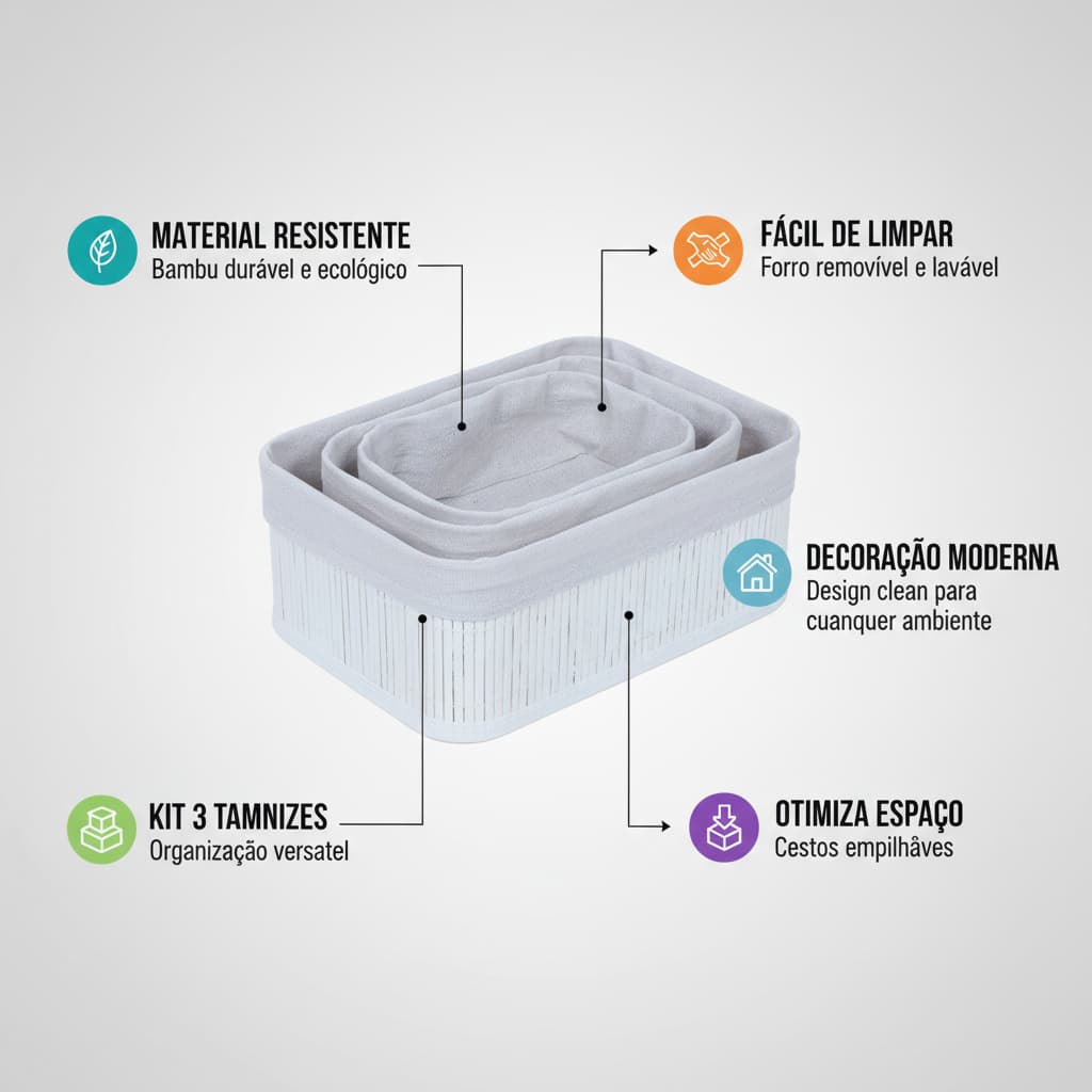 🔥Kit 3 Cestos Organizadores de Bambu Branco Lehaví  Multiuso Organizador Cozinha Banheiro Quarto