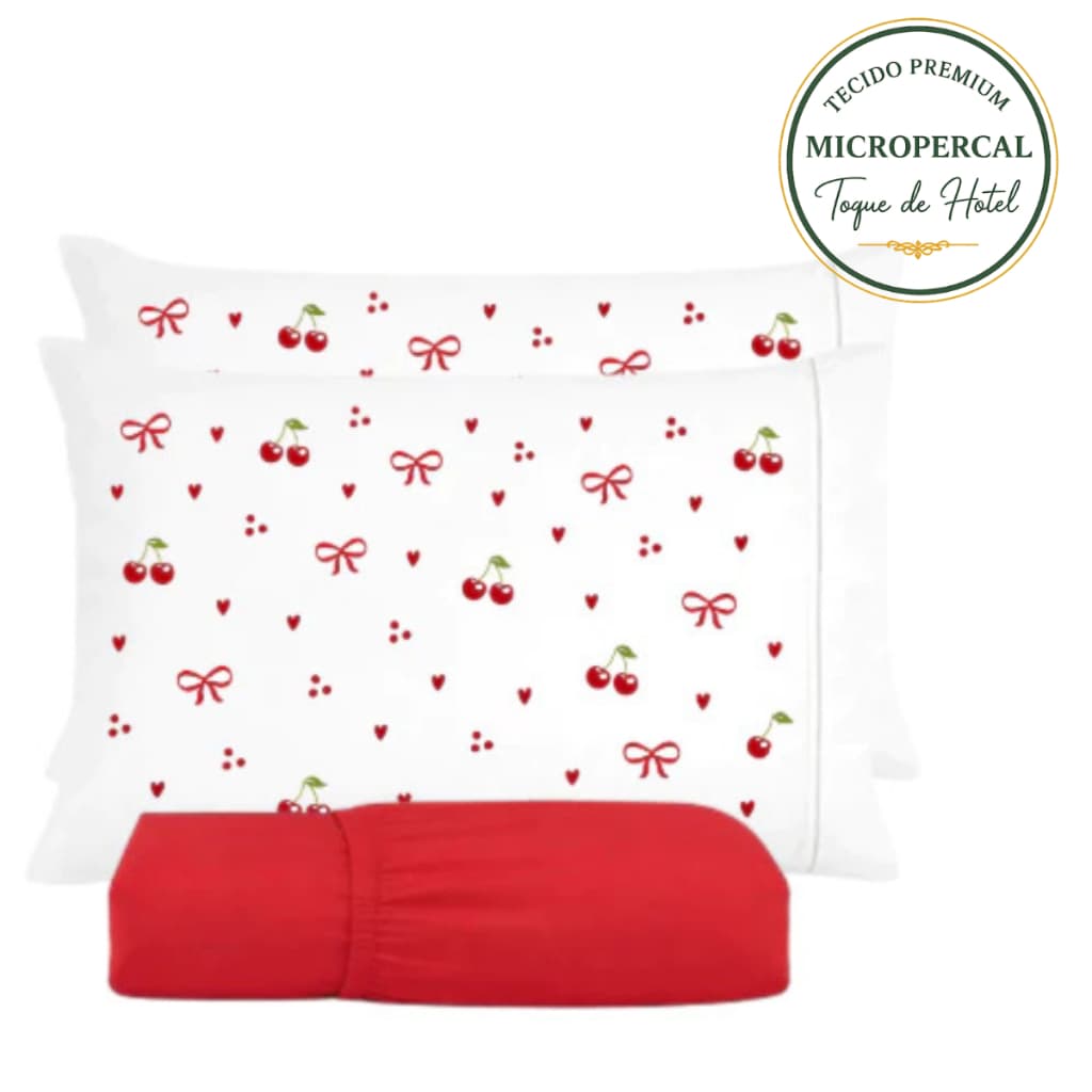 Jogo de Lençol Cereja Estampado Casal Queen King 400 Fios 3 Pçs Ponto Palito Toque Macio