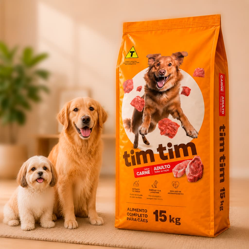 Ração Para Cachorro Adulto 15kg Tim Tim Dog Todas as Raças Nível de Proteína 18% Sabor Carne