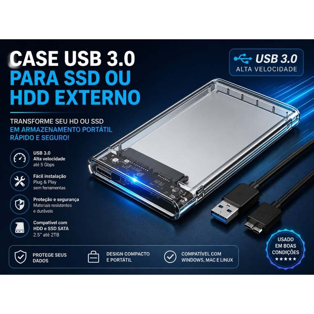 Caso/casco USB 3.0 p/ SSD ou HDD externo (material: plástico acrílico) vem c/ cabo USB 3.0 (azul)