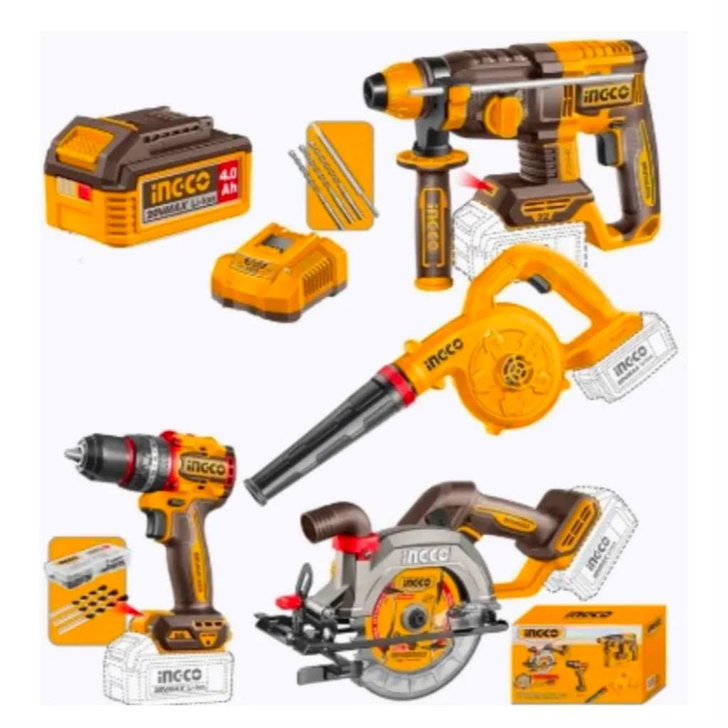 INGCO 20V Cordless 4 Pcs  Serra Circular Furadeira de Impacto + Parafusadeira Sem Fio+Martelete Perfurador