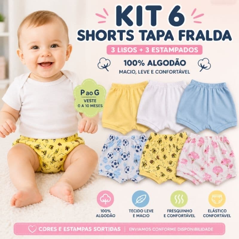 Kit 6 Short Tapa Fralda Bebê Menino Menina Shorts Infantil 100% Algodão P M G