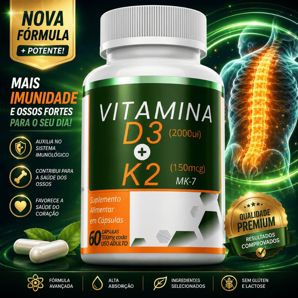 Vitamina D3+K2 (MK7) - Suplemento Alimentar - 60 Cápsulas - Envio imediato