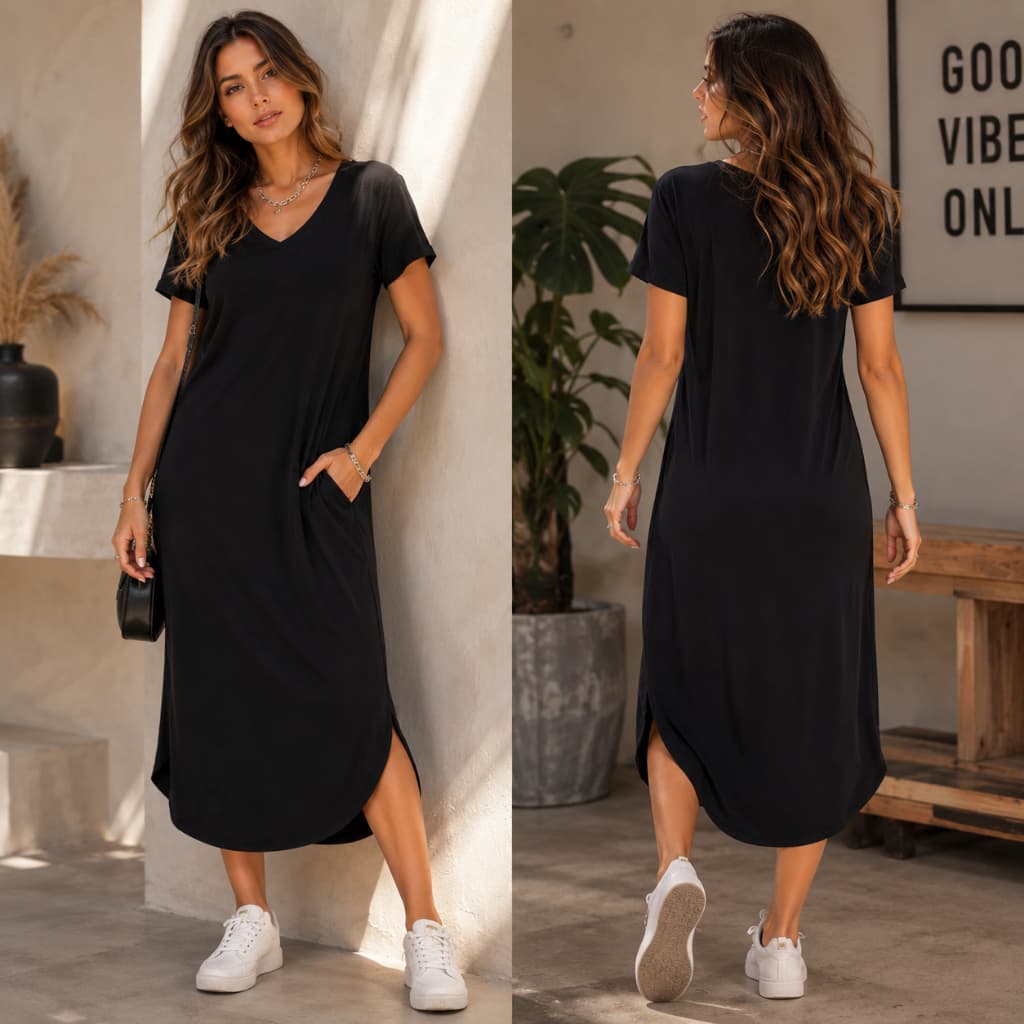 Vestido Feminino Midi Camisão com Bolso Viscolycra Saruel Gola V Vestido Longo Grávida Gestante Confortável Casual