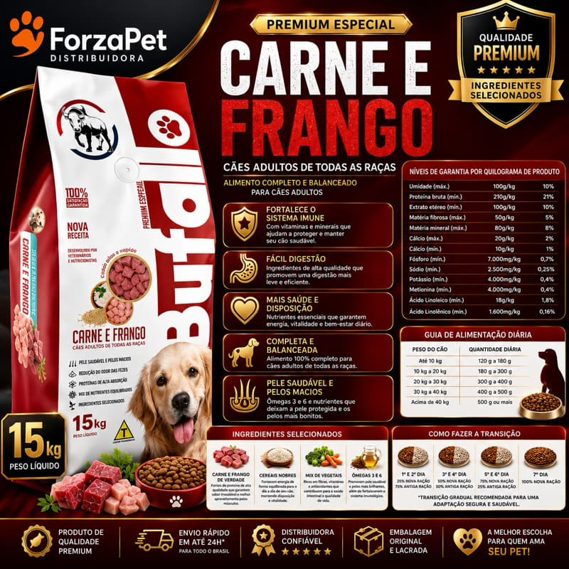 Ração Búfalo 15kg Carne e Frango Premium Especial para Cachorro Adulto | Alta Performance e Excelente Aceitação