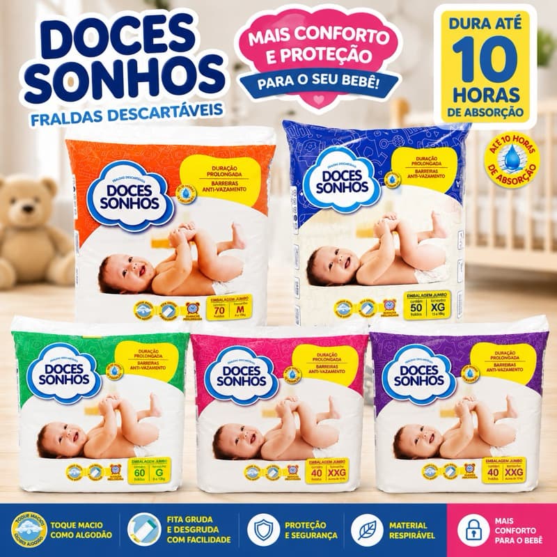 Fralda Descartável Doces Sonhos Original Jumbo | M G XG XXG | Alta Absorção Até 10h | Envio Rápido