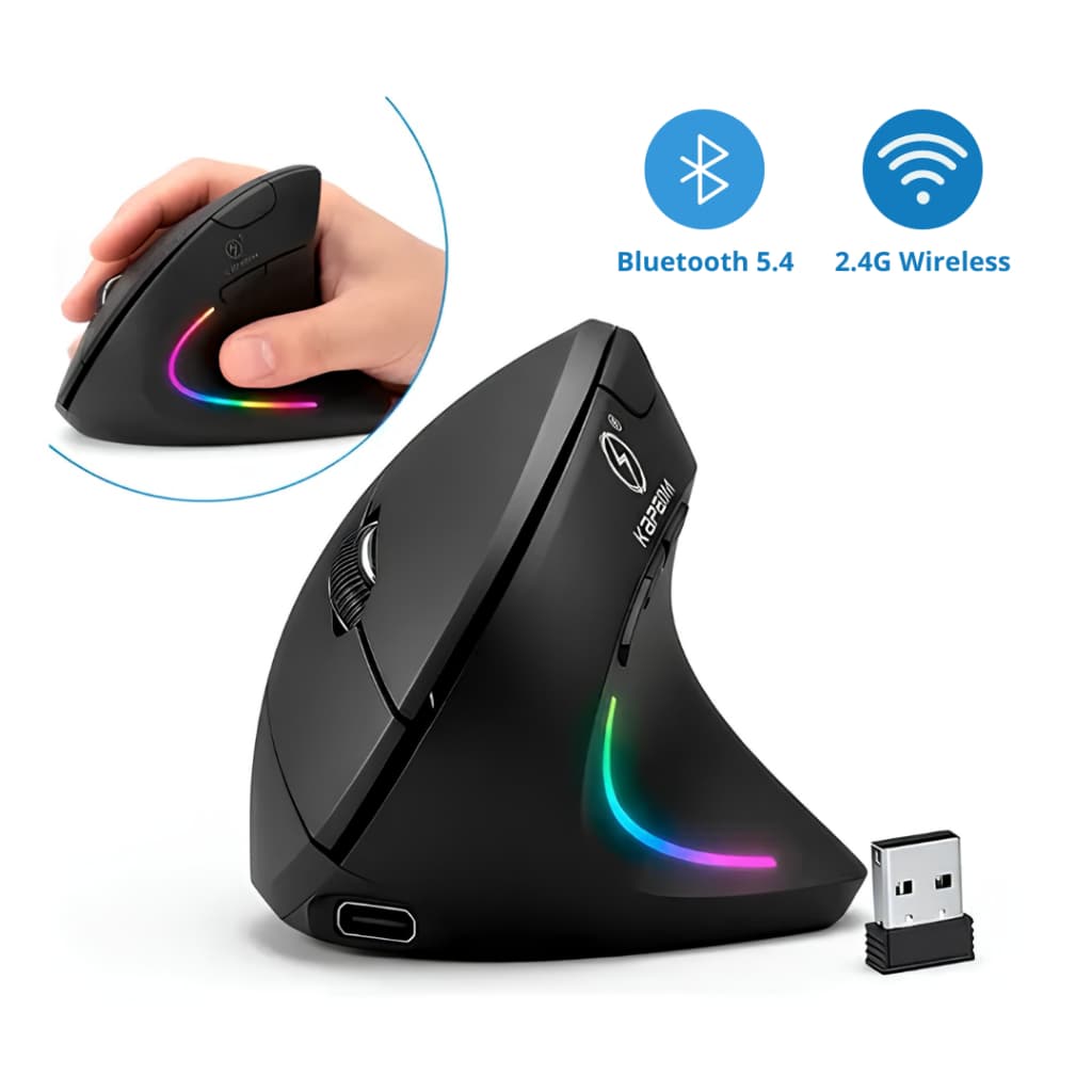 Mouse Sem Fio Vertical Dual Mode Bluetooth USB 2.4G Recarregável Led Silencioso DPI Ajustável Estudo Trabalho Jogos