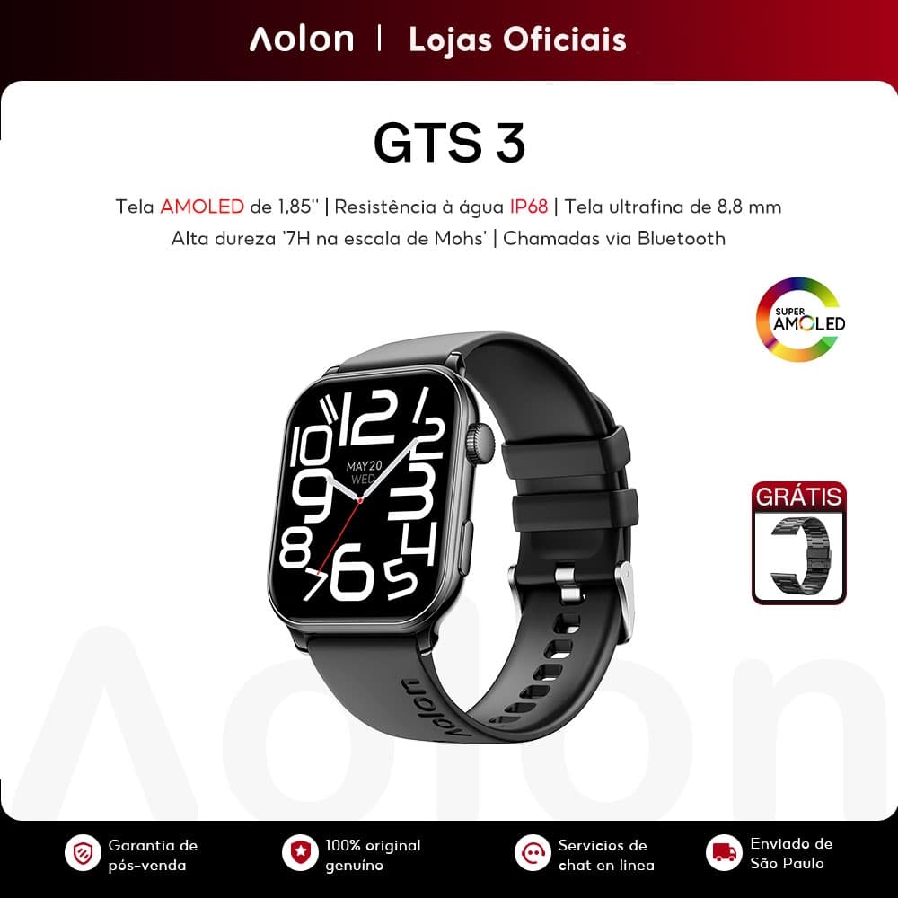 Aolon GTS 3 Smartwatch AMOLED AOD IP68 à prova d'água 8.8mm Ultrafino Bluetooth Relógio Inteligente Masculino Feminino