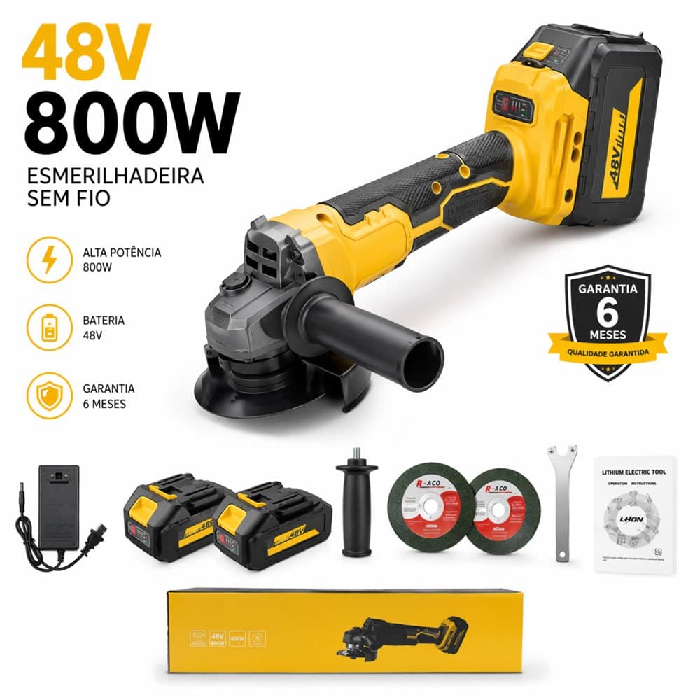 MOHOR Esmerilhadeira Angular Profissional 48V 800W Sem Fio 2 Baterias Recarregável Para Construção e Uso Doméstico