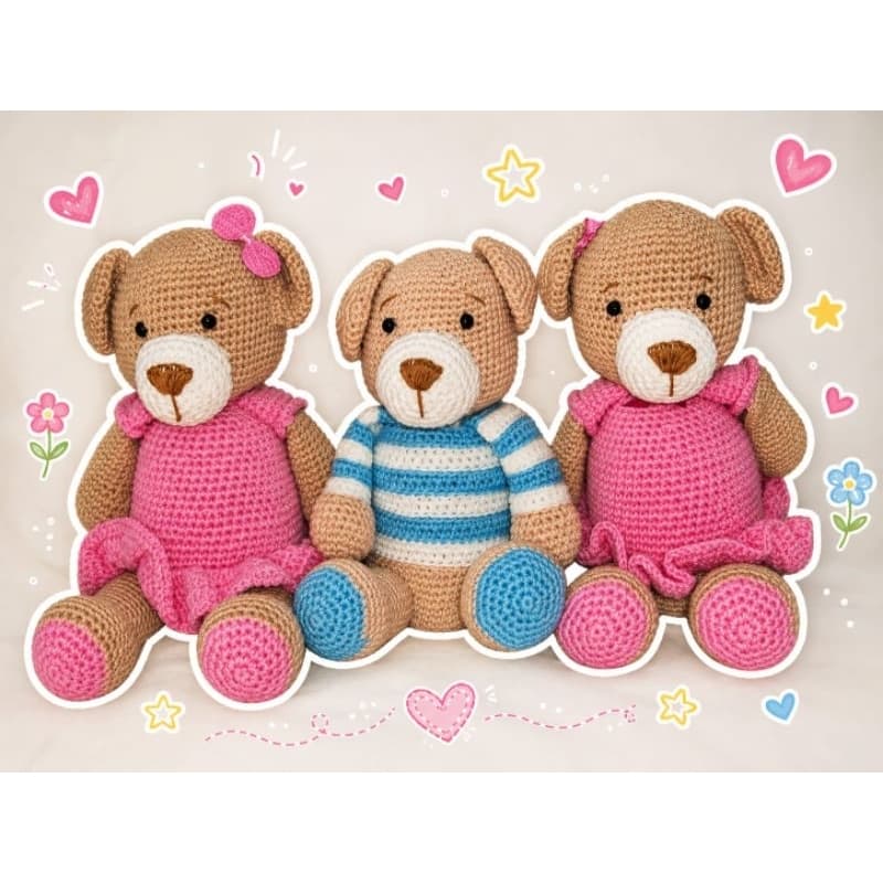 Kit com 3 Ursinhos Amigurumi em Crochê – Feitos à Mão