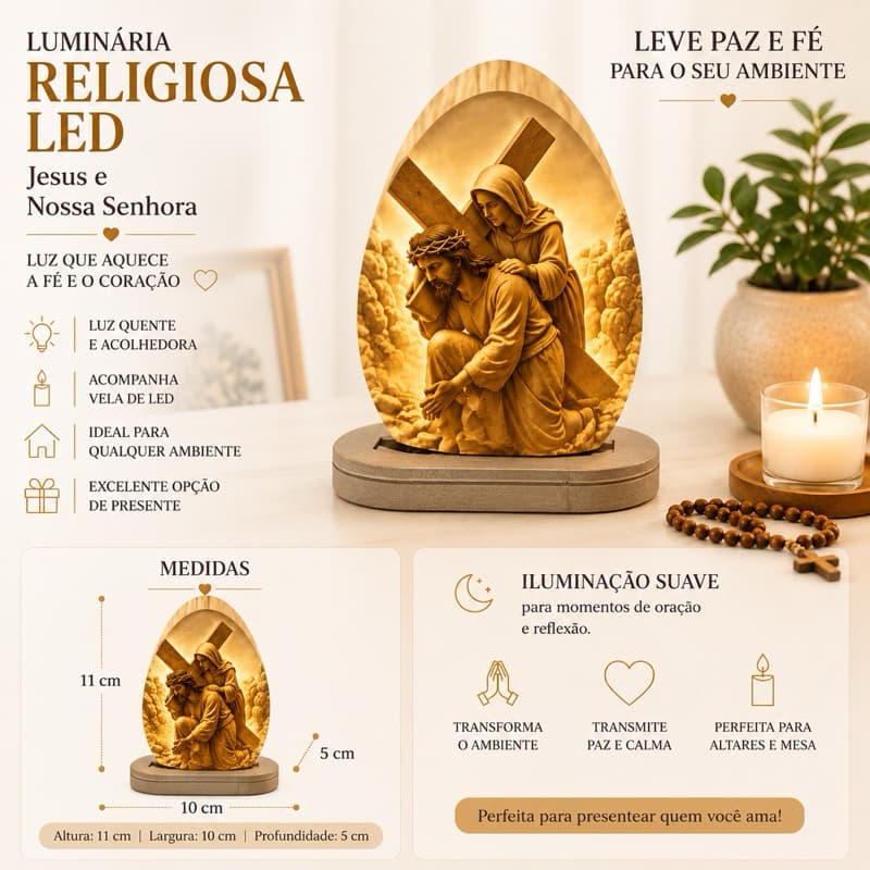 Luminária Religiosa LED Jesus e Nossa Senhora | Porta Vela LED | Decoração Cristã para Altar, Quarto, Sala e Oração