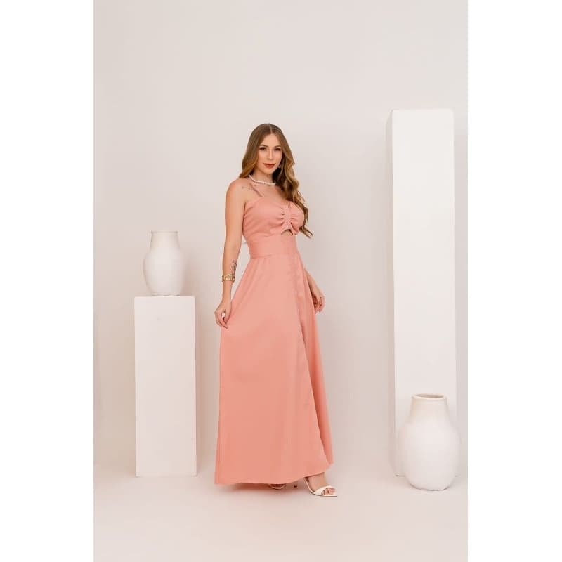 Vestido Longo Feminino de Alça Acinturado com Recorte na Cintura | Vestido Cora | Lesha Moda Feminina