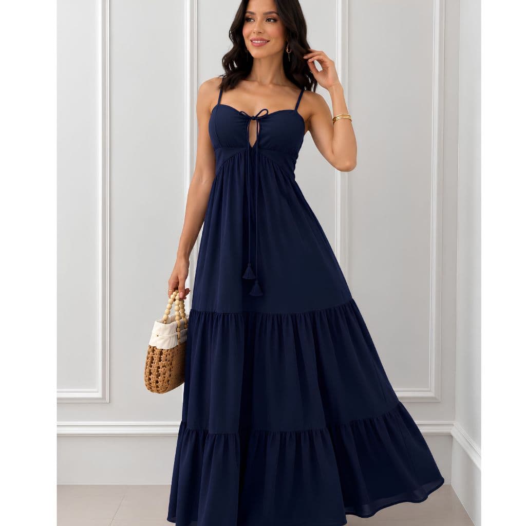 Vestido Longo Feminino Rodado Decote Com Amarração com Lastex nas Costas Moda 2026 Blogueirinha