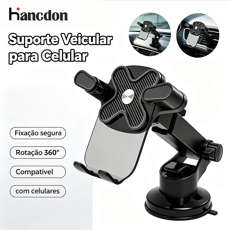 Hancdon Suporte Veicular Celular Carro Ventosa Vácuo 360° Giratório Universal Antiderrapante Promoção Envio Rápido