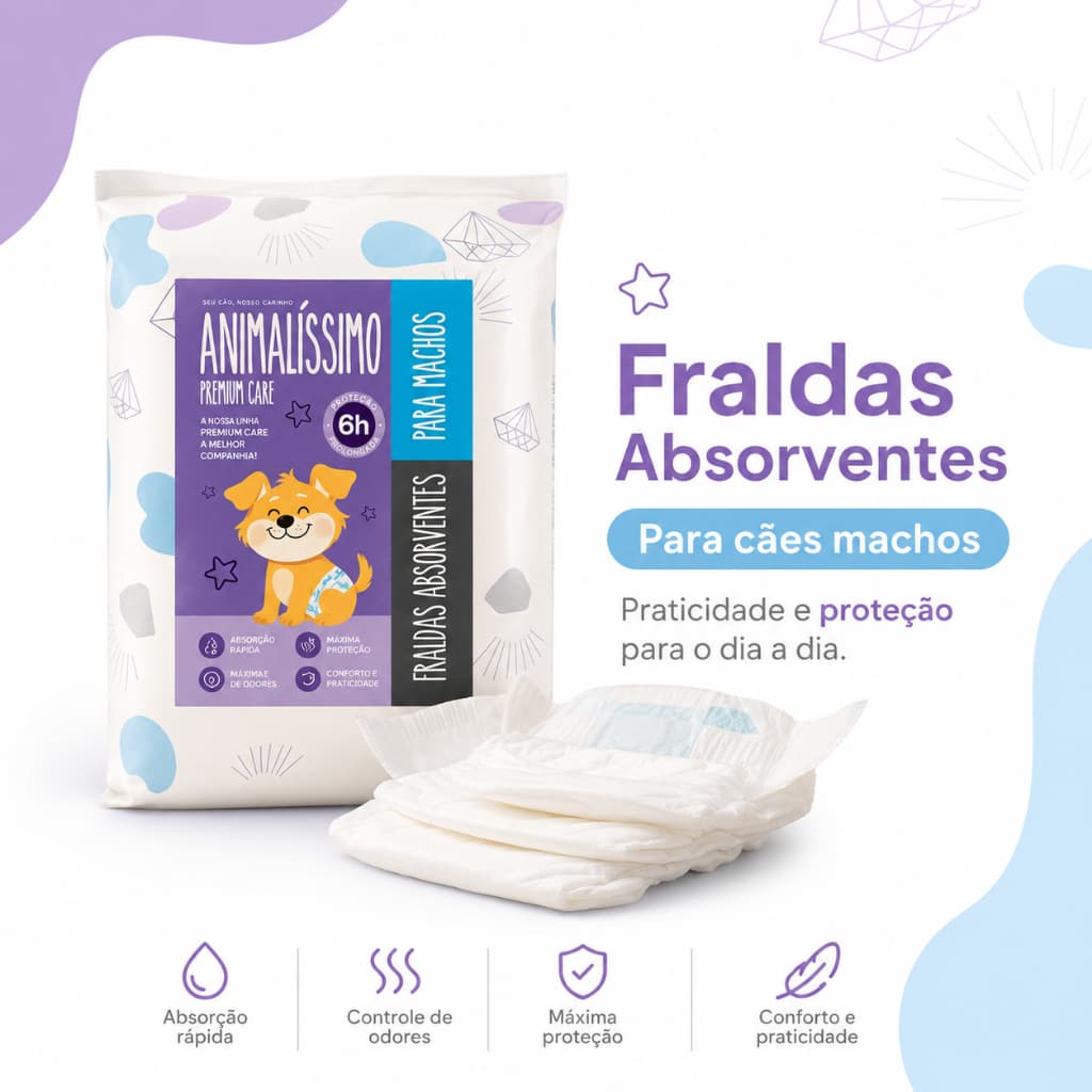 Fralda Descartável Tam M 6 Un Higiênica Hipoalergenica Fita Velcro e Proteção Anti Vazamento Cães Machos Animalissimo