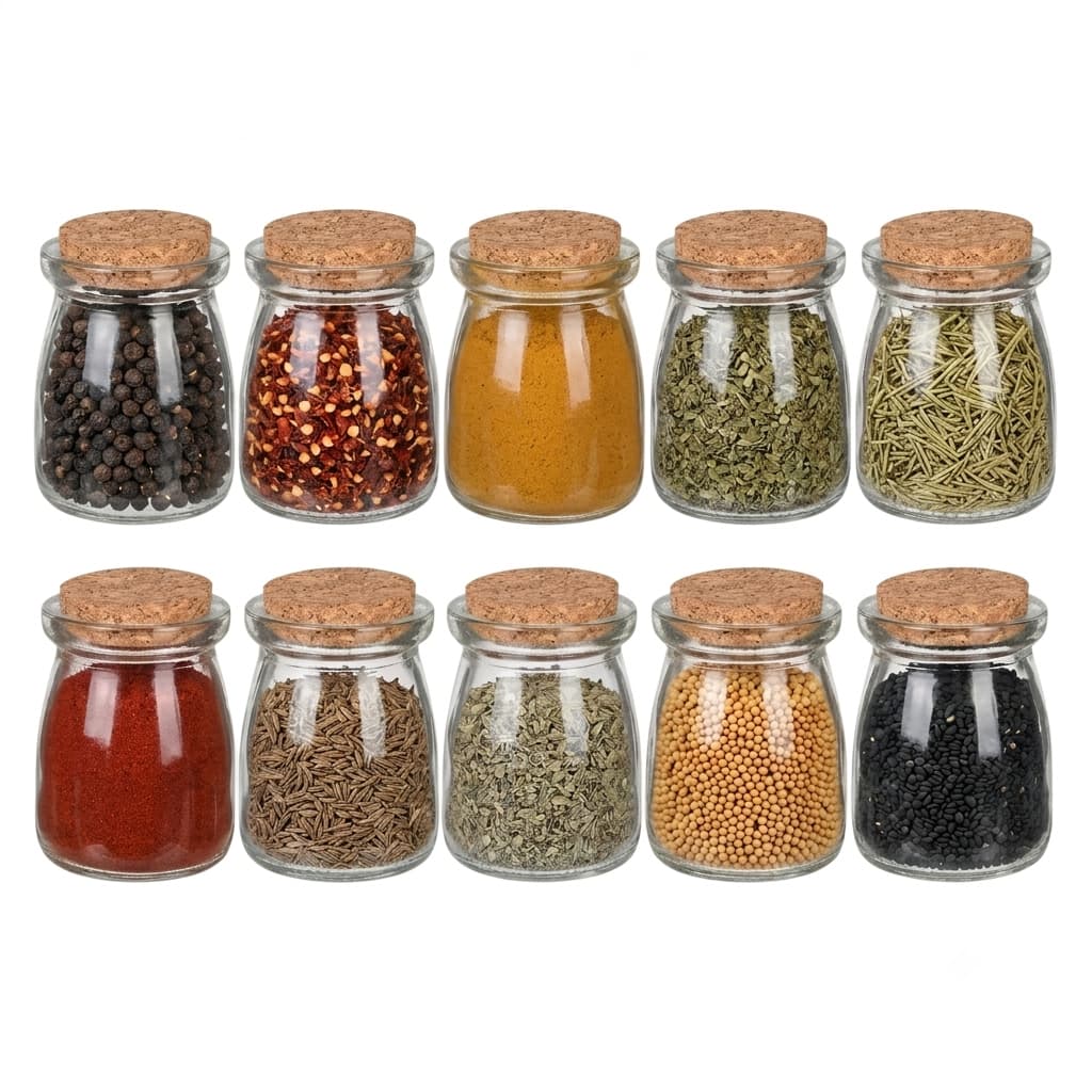 Kit 10 Potes de Vidro 100ml com Tampa de Cortiça para Organização de Temperos e Condimentos
