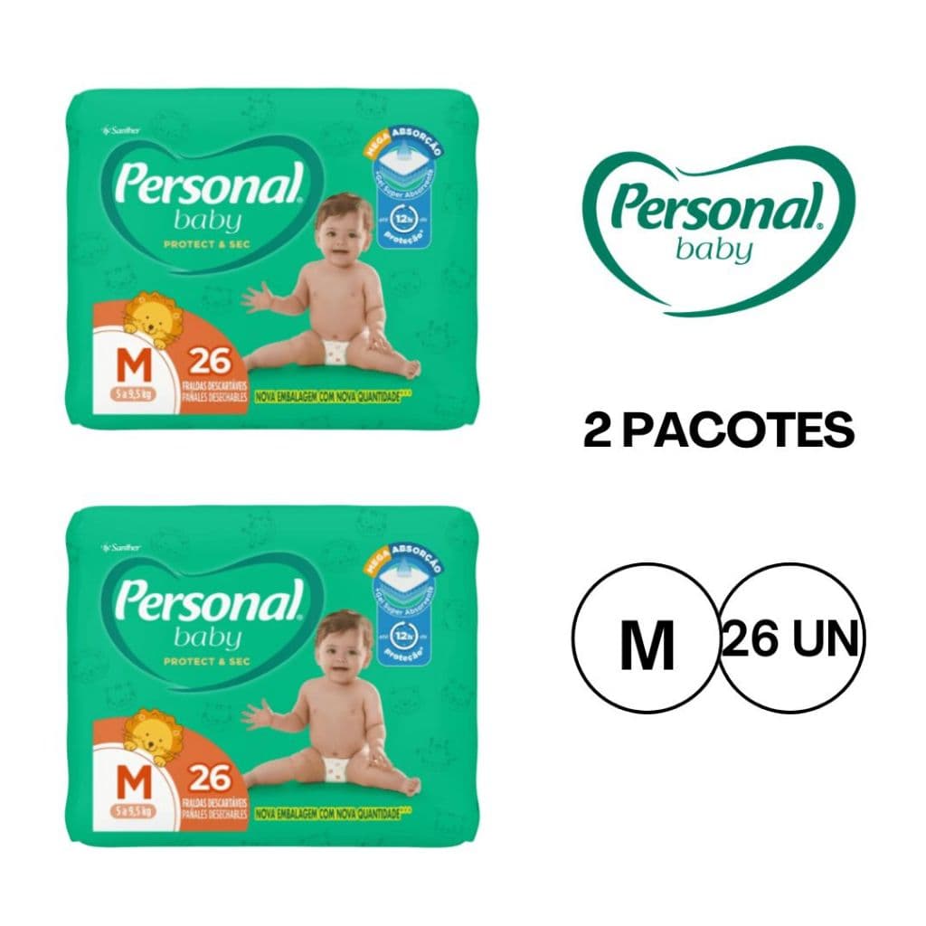 Kit 2 Pacotes Fralda Descartável Personal Baby Protect & Sec M 26 Unidades Higiene Bebê Enxoval
