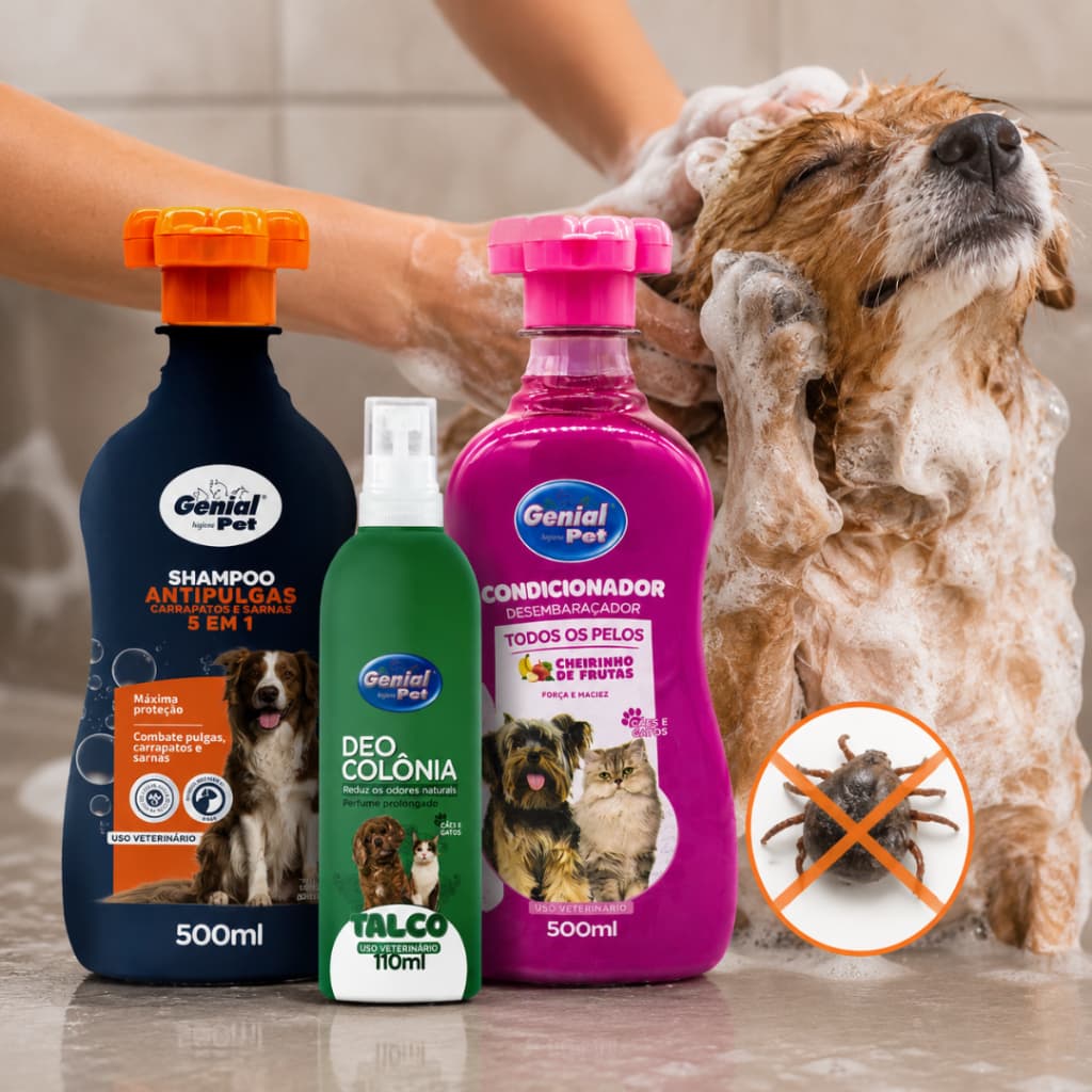 Kit Shampoo Antipulgas Carrapatos Sarnas 5 em 1 Condicionador Deo Colônia Cães