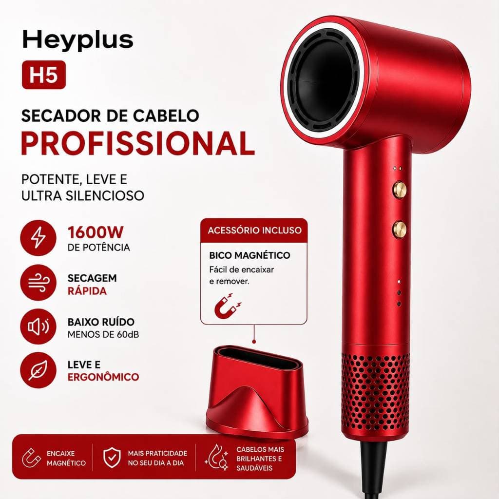 Secador de Cabelo Profissional Heyplus H5 1600W Potente, Leve, Silencioso e com Bico Magnético Vermelho 220v