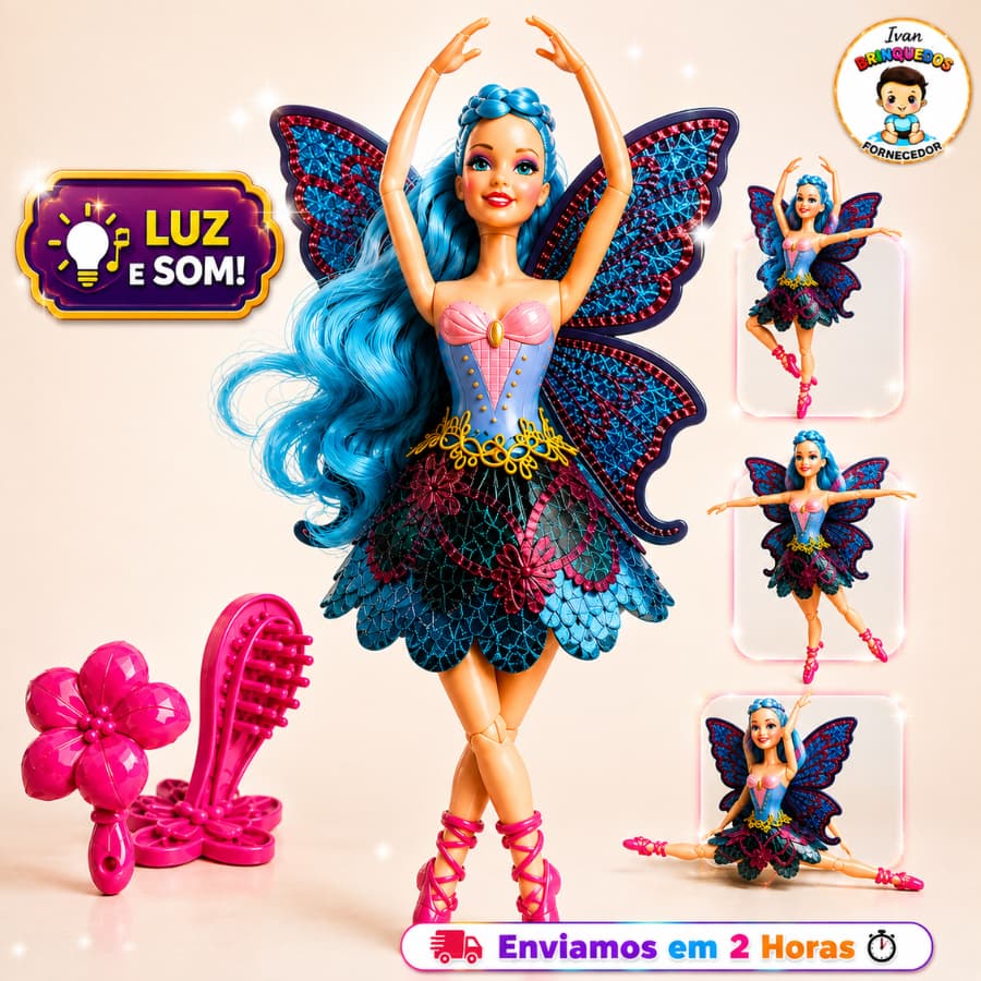 Boneca Fada Bailarina Infantil Menina Com Asas Ballet Articulada 30cm - Rosa - Azul - Roxa