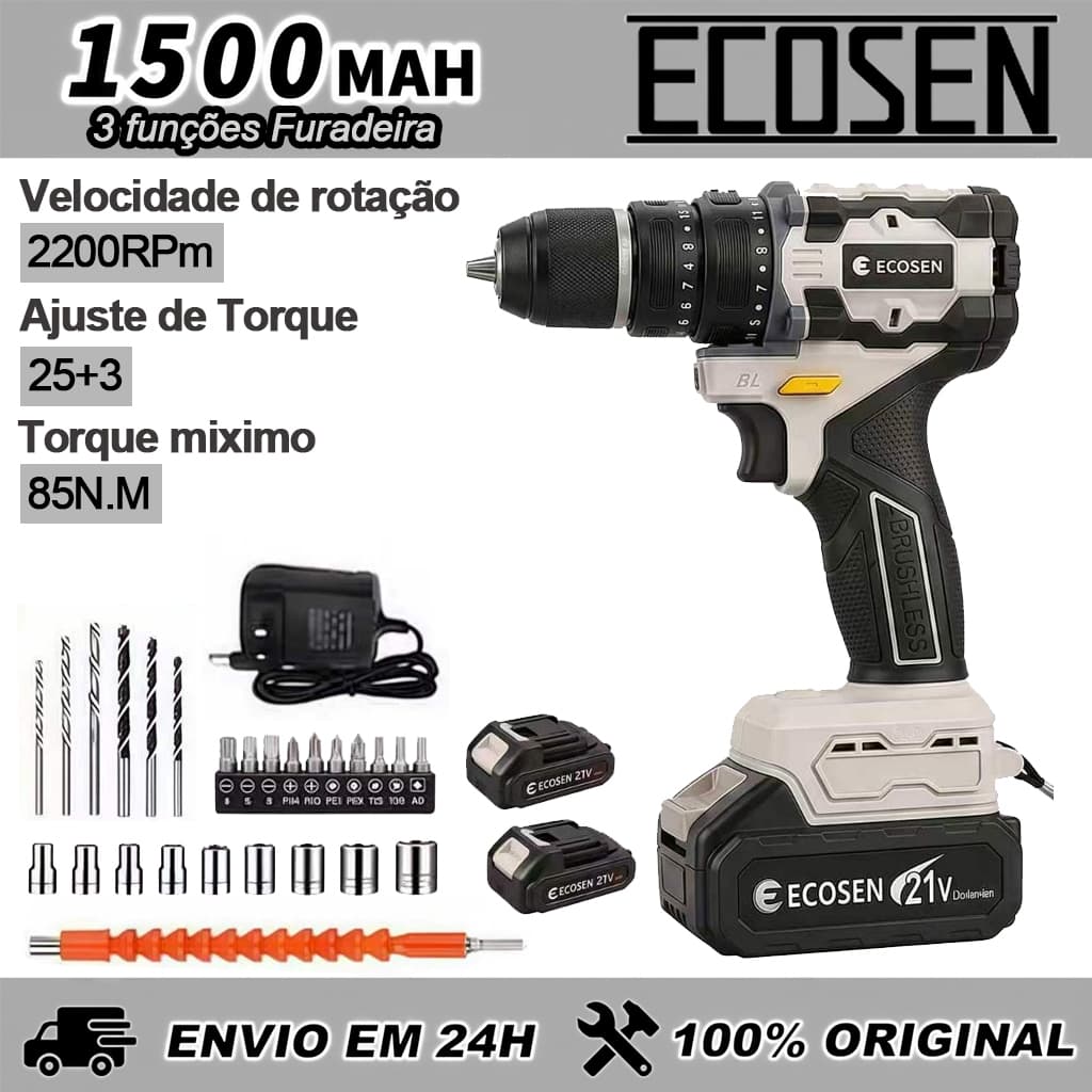 Parafusadeira Furadeira 21V Sem Fio Kit Completo com 2 Baterias 1500mAh + Acessórios - 85N.m Torque, 25+3 March