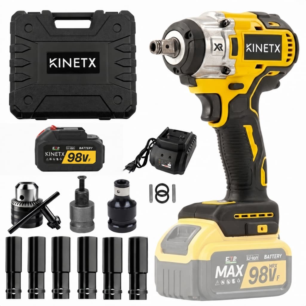880Nm 98Vf Chave De Impacto A Bateria KINETX Profissional Furadeira Parafusadeira Com Bateria Portátil Maleta Soquetes