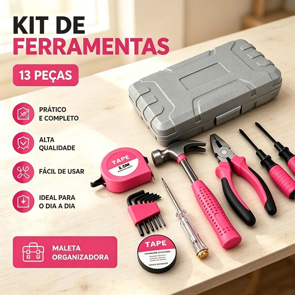Kit Ferramentas 13 Pçs Rosa com Maleta - Multiuso Portátil para Reparos Domésticos e DIY