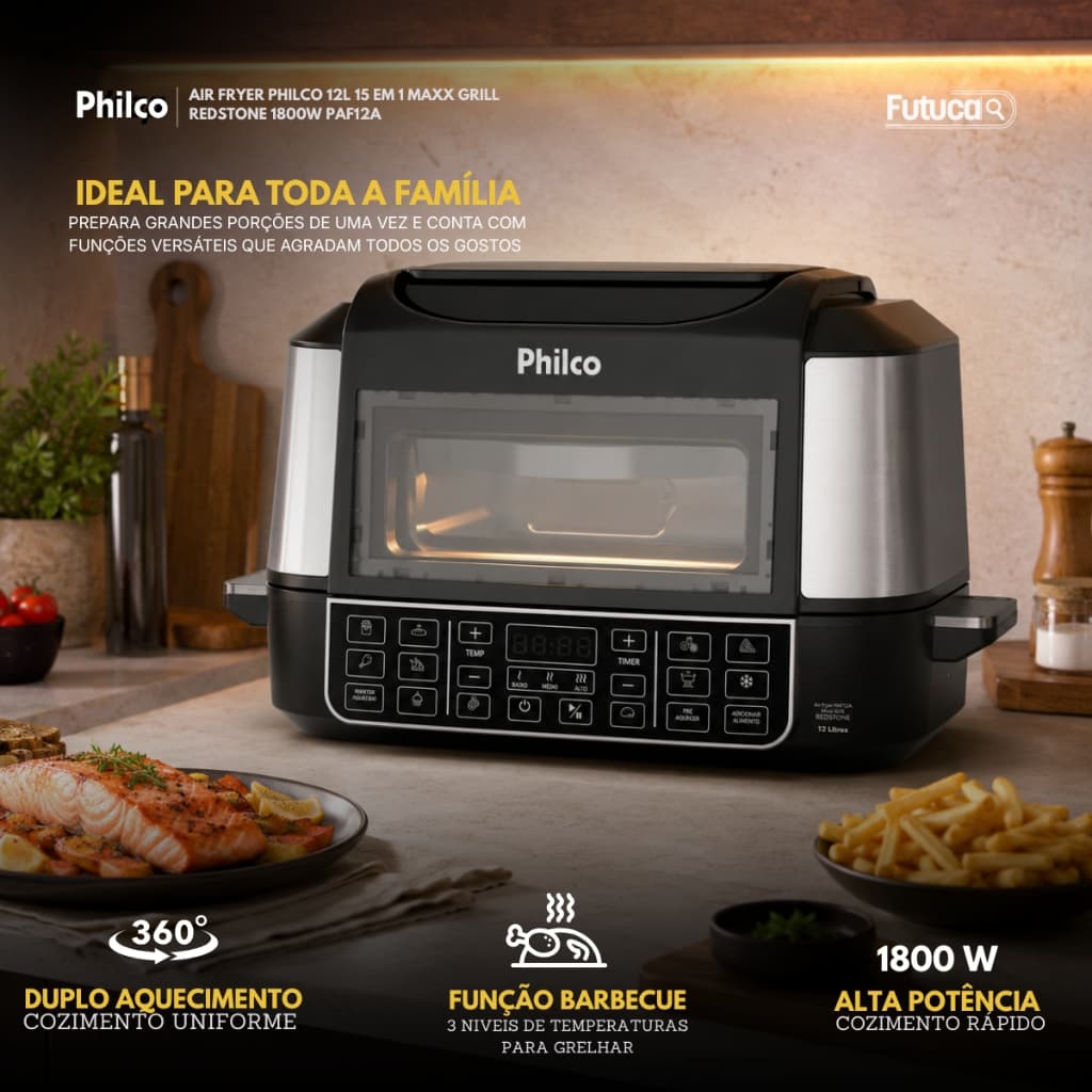 Air Fryer Fritadeira Philco 12L 15 em 1 Maxx Grill Redstone 1800W Digital PAF12A Antiaderente Barbecue