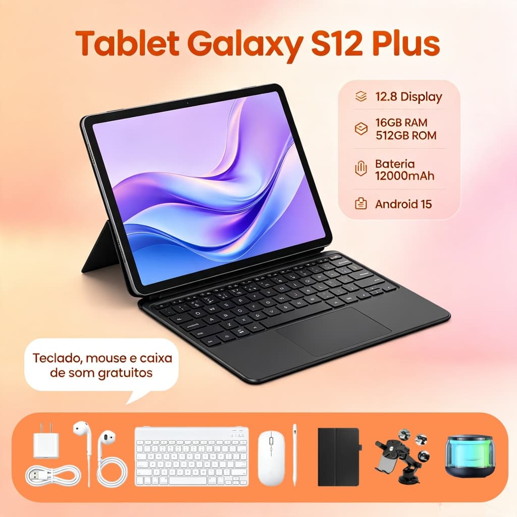 【Garantia oficial】Tablet Galaxy S12 Plus 12,8 polegadas HD 16 GB + 512 GB 12.000 mAh Android 5G – Envio rápido