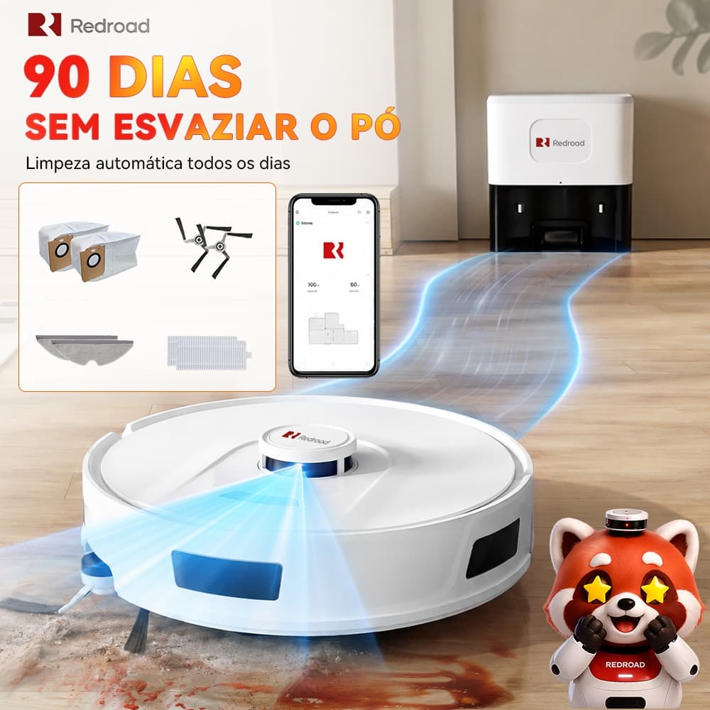 Robô Varredora Aspirador de Pó Inteligente 20000Pa Autoesvaziável 3 em 1 App e Voz Silencioso Para Pets Redroad R11