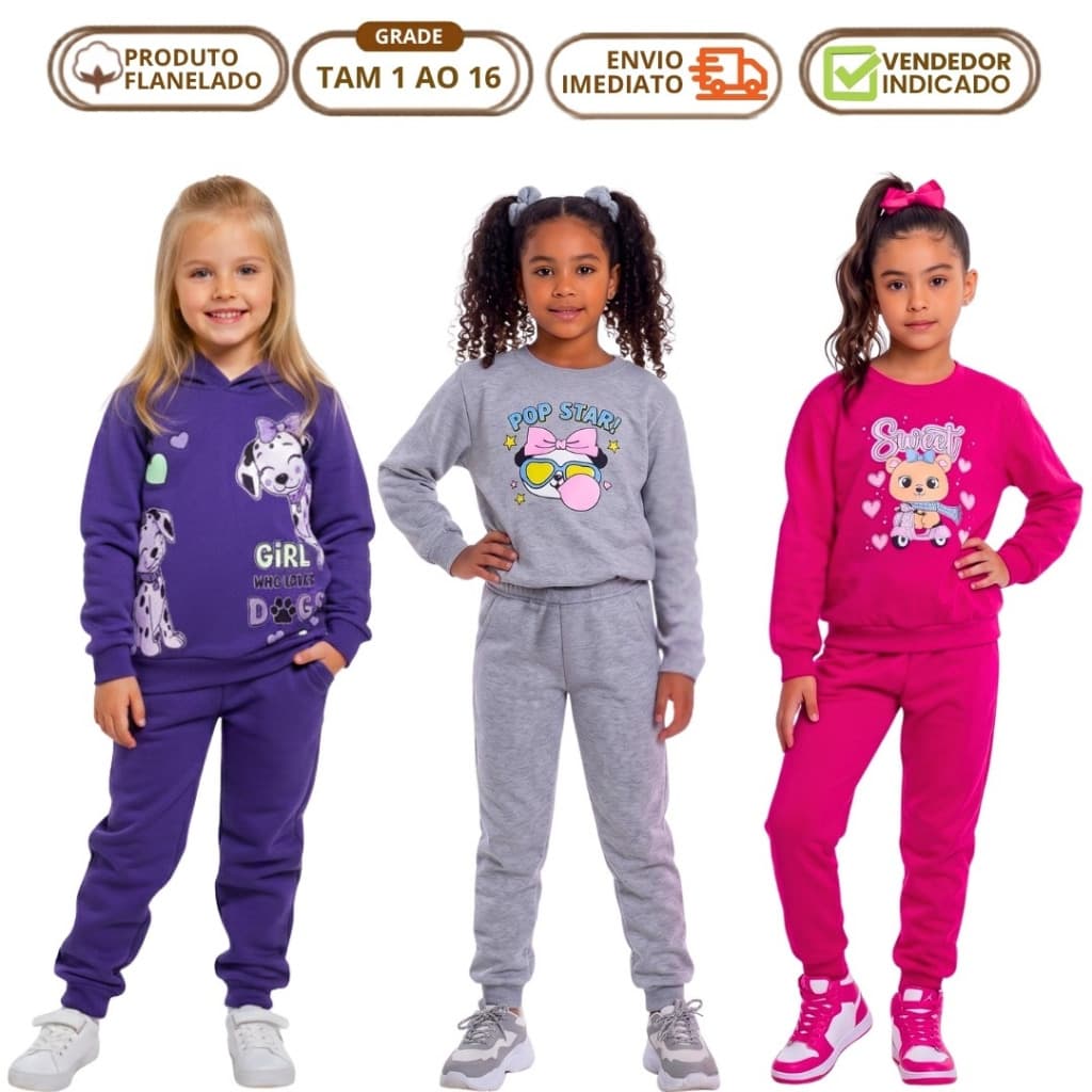 Kit 3 Conjunto de Moletom Menina Feminino Roupa Infantil Inverno Frio Calça Forrada Casaco Peluciado 1 ao 16 anos