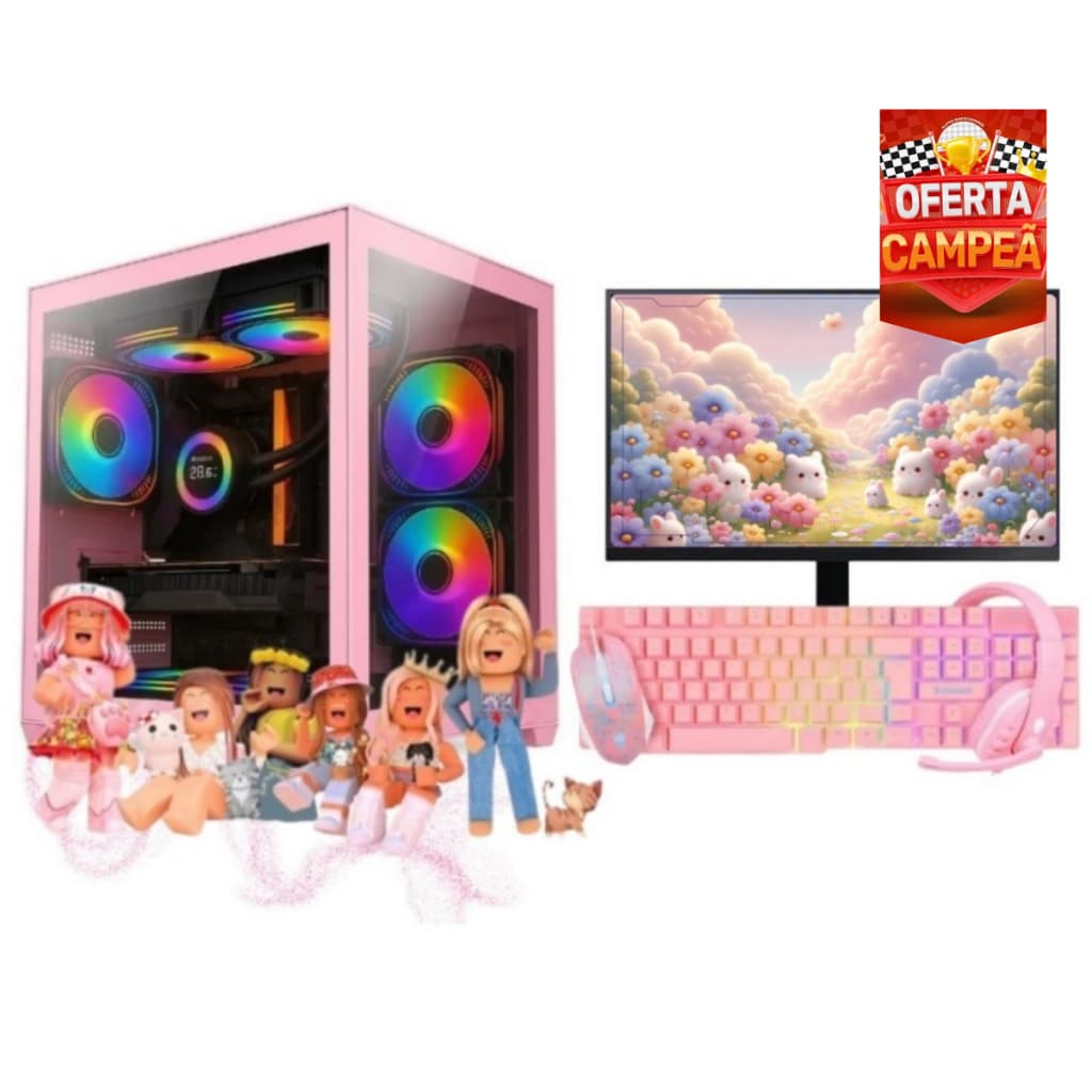 Computador Gamer Completo Rosa Teclado Mouse Headset Estudos Jogos Trabalho escolares