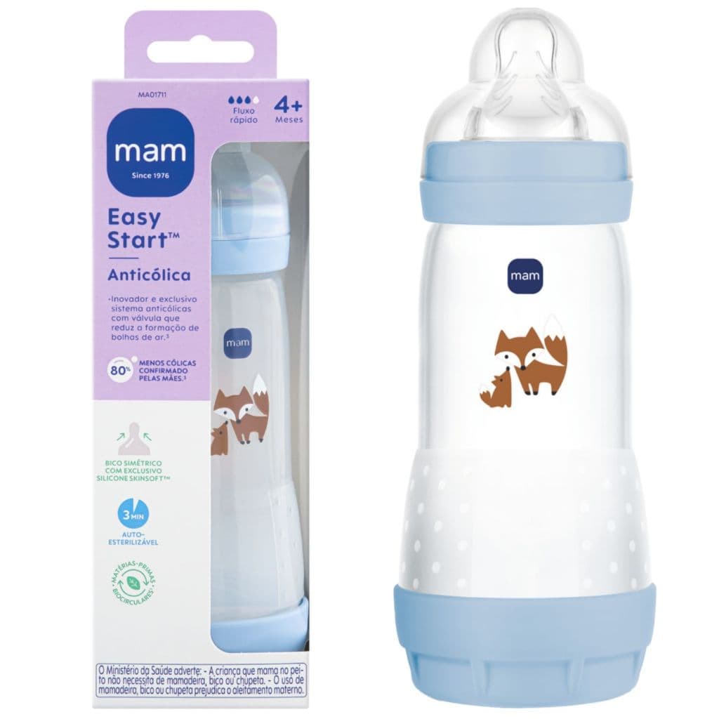 Mamadeira MAM Menino 4+ Meses Easy Start 320ml Bico Silicone Anticólica Fluxo Rápido Bebe Menino Azul