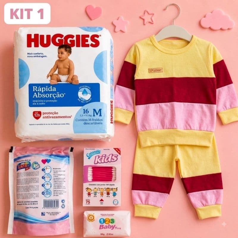 Kit chá de bebê Presente Menina (com Fralda Turma da Mônica ou Huggies ou Pampers)