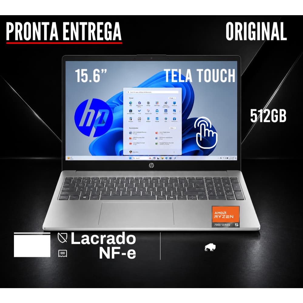 Notebook HP AMD Ryzen 5 7520U tela 15.6" Touch-screen 512GB SSD DDR5 windows 11