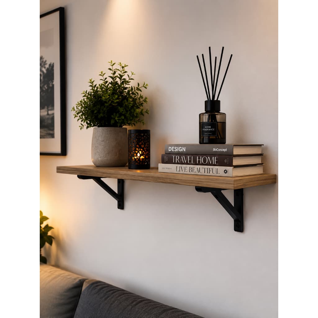 Prateleira de Parede 60cm MDF Decorativa com Suporte Preto para Sala Quarto Cozinha