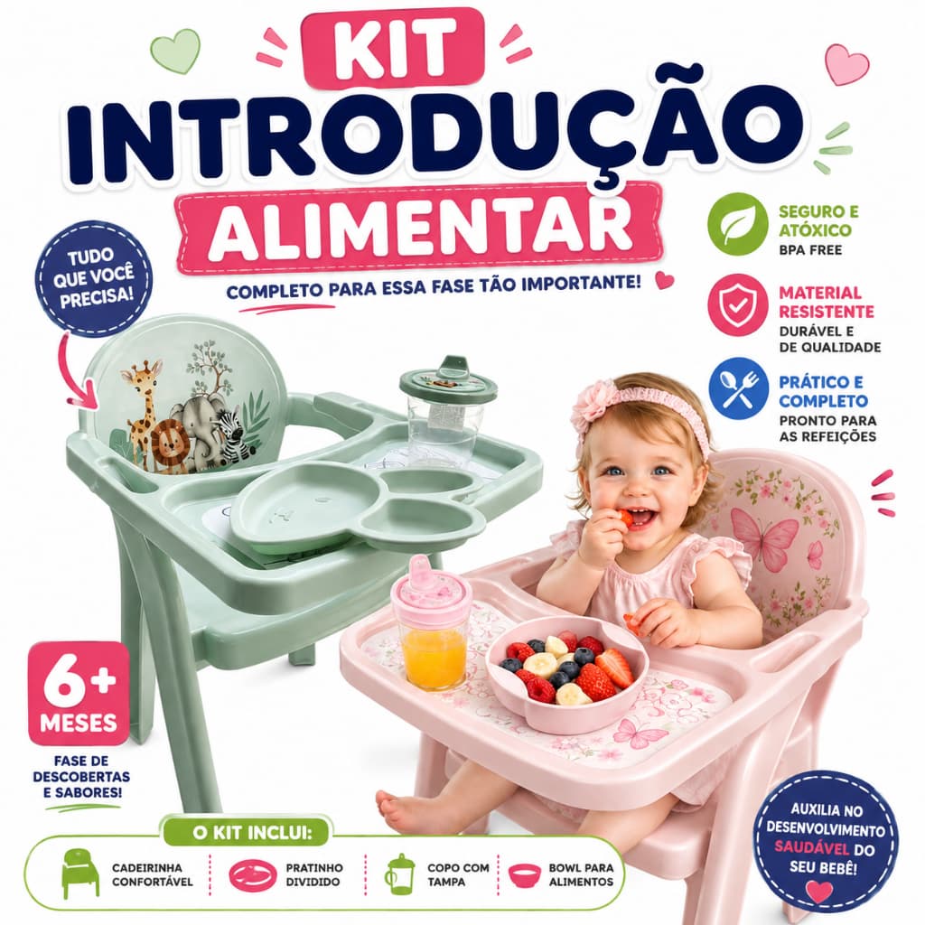 Alimentação infantil Plasutil introdução alimentar Cadeira de Alimentação com Bandeja + Prato + Copo