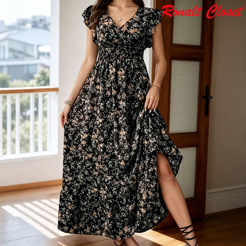 Vestido Longo Estampa Boêmia Plus Size Feminino com Mangas Babado e Bainha Plissada Férias Elegante Verão